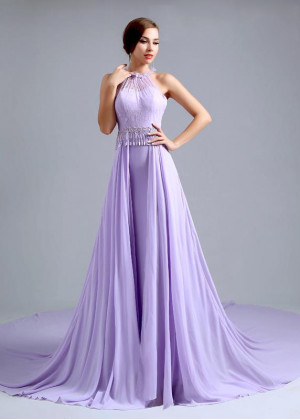 Beaded Halter Neck Lilac Lace Chiffon Beautiful Evening Dress